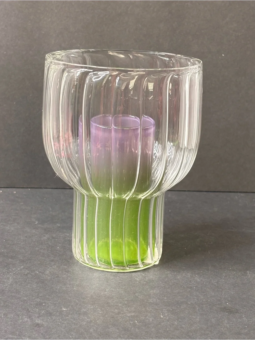 Anthropologie Lucia Neon Glass Vase Fluted Clear Outer Green & Purple Inside NWT